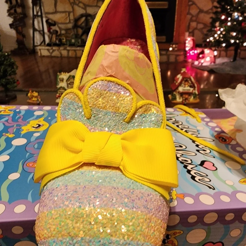 Irregular Choice Multicolor Pastel Glitter Heels with Yellow Bow